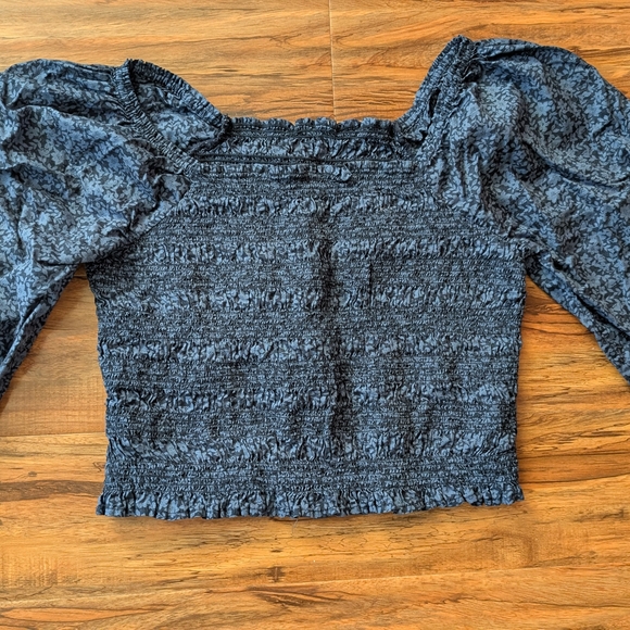 Blue Smocked Puff Sleeve Blouse - Picture 2 of 8